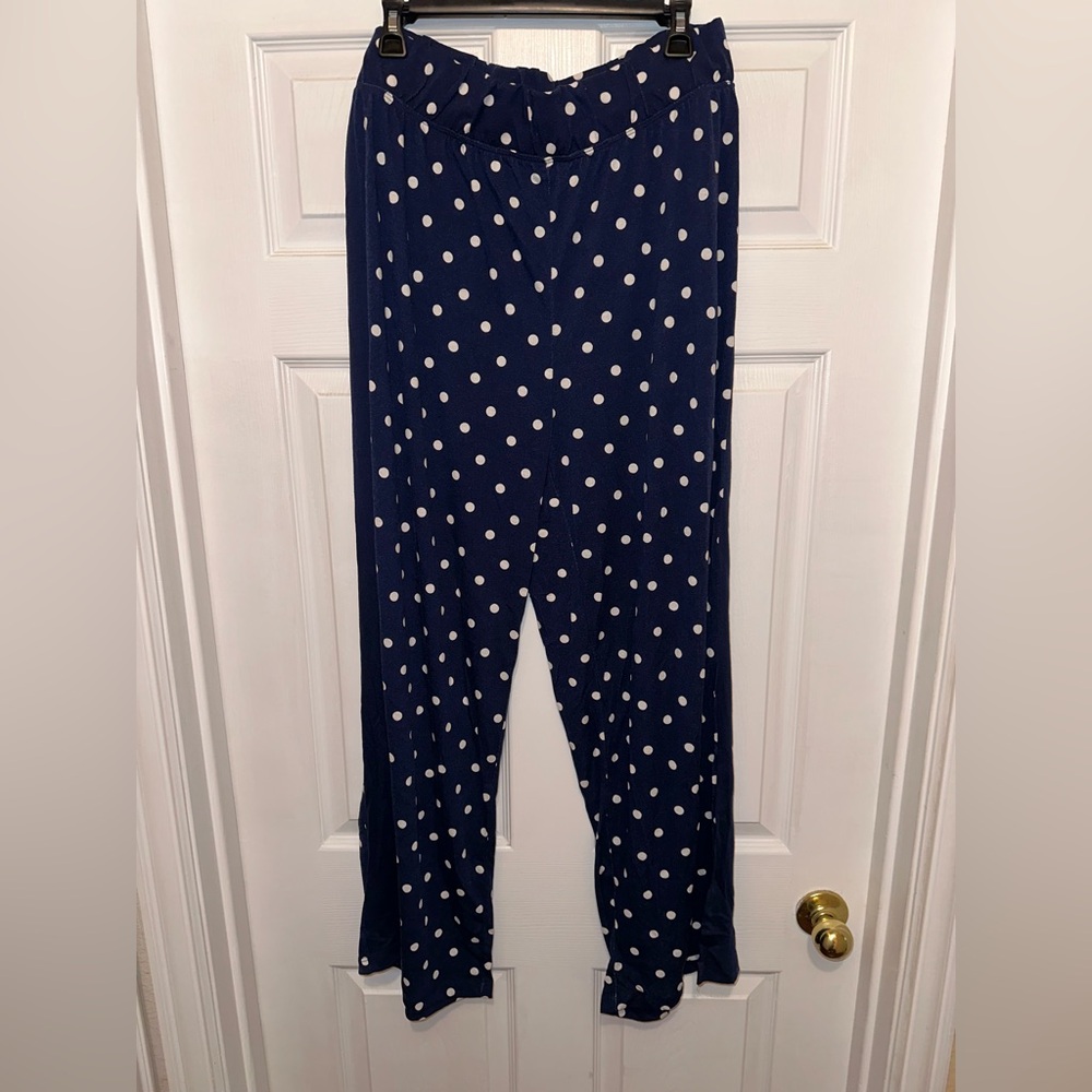 French Laundry Womens Pants Blue White Polka Dot Wide Leg Semi Sheer L or XL